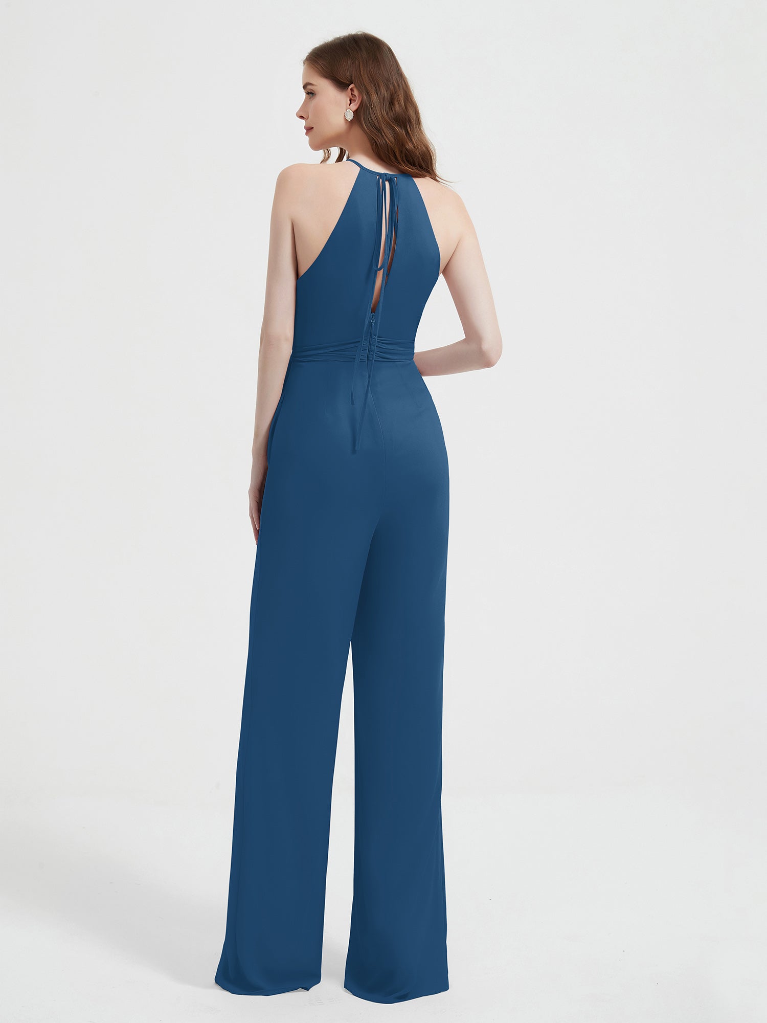 Halter Neckline Sleeveless Chiffon Pleated Jumpsuit Ink Blue